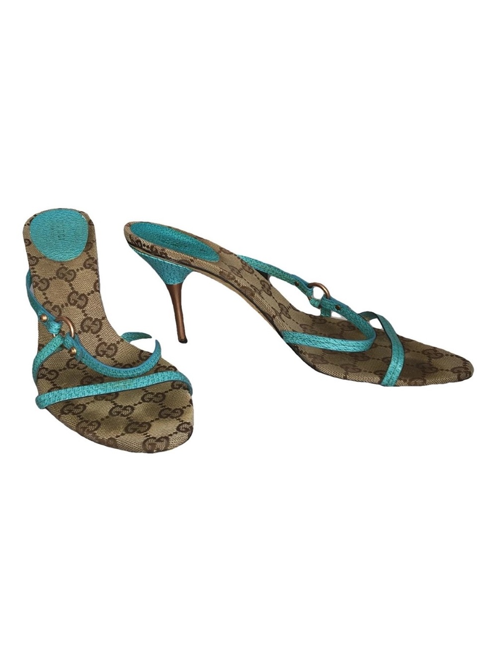 Gucci Women's Brown Monogram Sandal with Turquoise Straps 2001 size 9